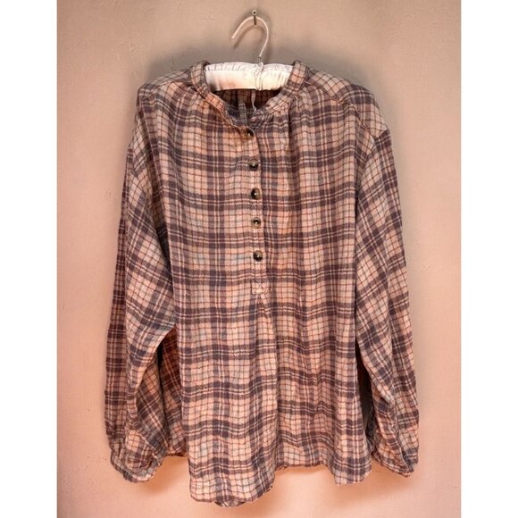 Free People Women's Size Medium Northern Bound Plaid Pullover Blouse Beige Combo - Picture 1 of 8
